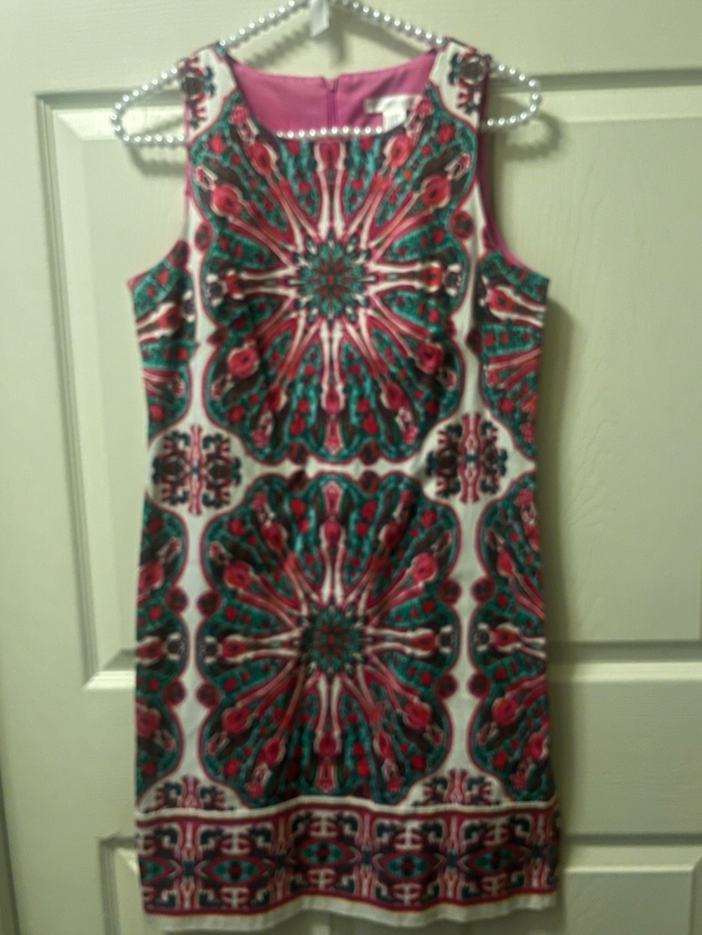 London Times Women’s Sleeveless Pink & Green Medallion Print Shift Dress Sz 6
